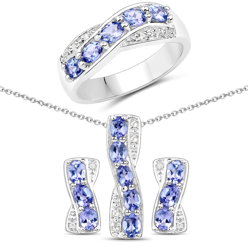 Tanzanite-2.82 Carat Genuine Tanzanite and White Topaz .925 Sterling Silver 3 Piece Jewelry Set (Ring, Earrings, and Pendant w/ Chain)