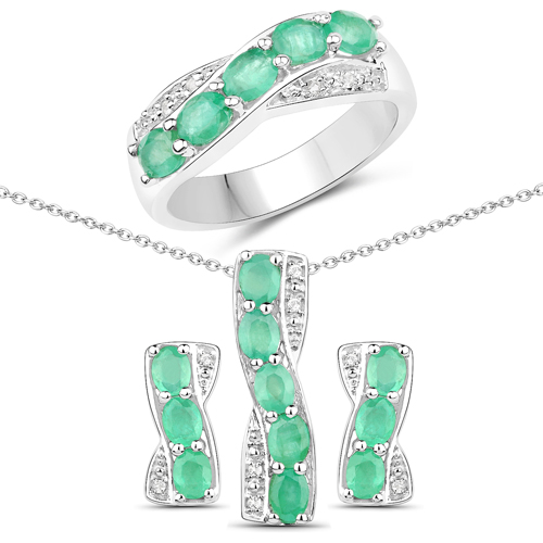Jewelry Sets-2.50 Carat Genuine Zambian Emerald and White Topaz .925 Sterling Silver 3 Piece Jewelry Set (Ring, Earrings, and Pendant w/ Chain)