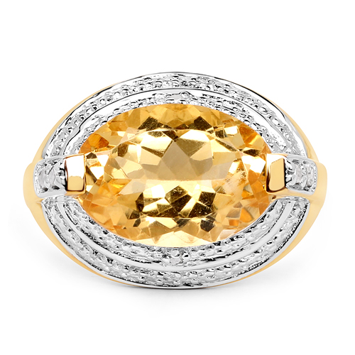 14K Yellow Gold Plated 5.06 Carat Genuine Citrine & White Diamond .925 Sterling Silver Ring