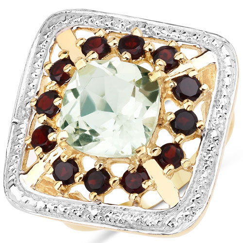4.46 Carat Genuine Green Amethyst and Garnet .925 Sterling Silver Ring