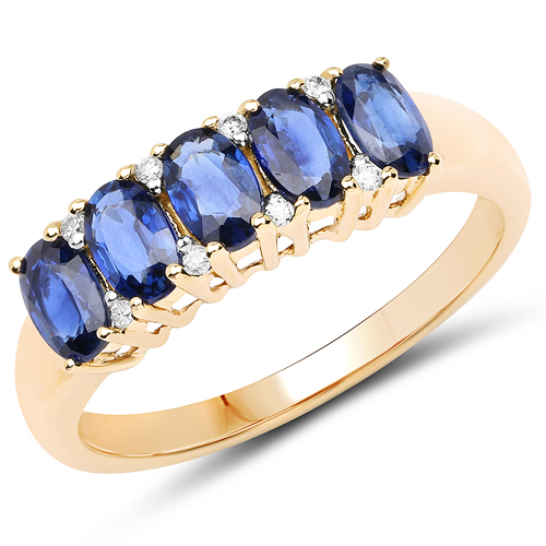Sapphire-1.54 Carat Genuine Blue Sapphire and White Diamond 14K Yellow Gold Ring