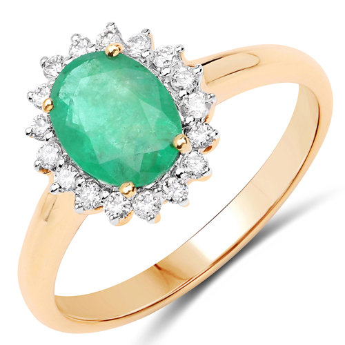 Emerald-1.39 Carat Genuine Zambian Emerald and White Diamond 10K Yellow Gold Ring