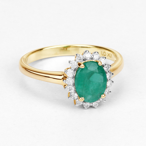 1.39 Carat Genuine Zambian Emerald and White Diamond 10K Yellow Gold Ring