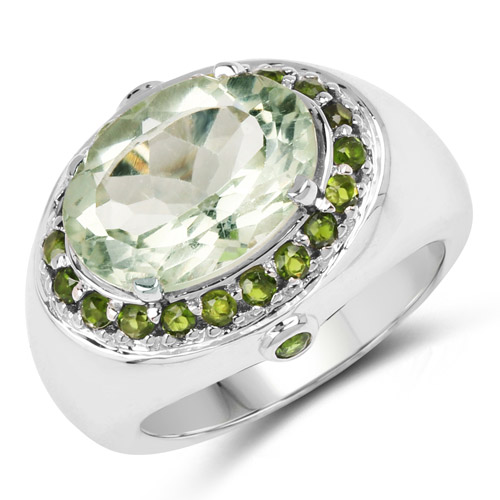 Amethyst-6.09 Carat Genuine Green Amethyst and Chrome Diopside .925 Sterling Silver Ring