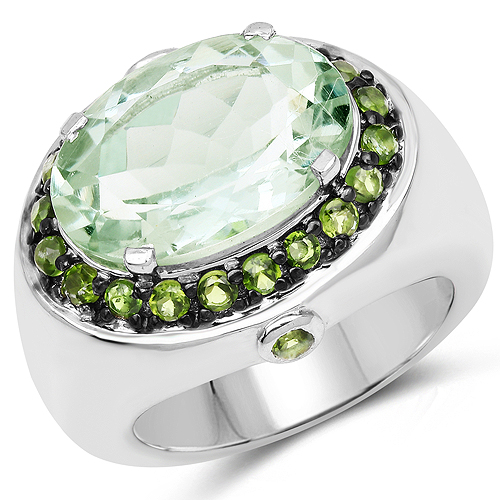 Amethyst-5.98 Carat Genuine Green Amethyst and Chrome Diopside .925 Sterling Silver Ring