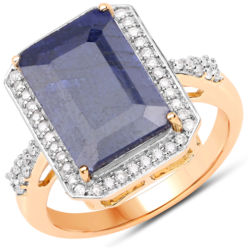 Sapphire-7.98 Carat Dyed Sapphire and White Diamond 14K Yellow Gold Ring