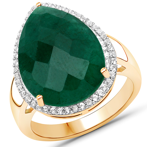 18K Yellow Gold Plated 8.74 Carat Dyed Emerald and White Topaz .925 Sterling Silver Ring