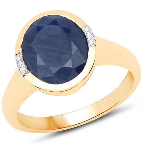 Sapphire-4.85 Carat Genuine Blue Sapphire and White Diamond 14K Yellow Gold Ring