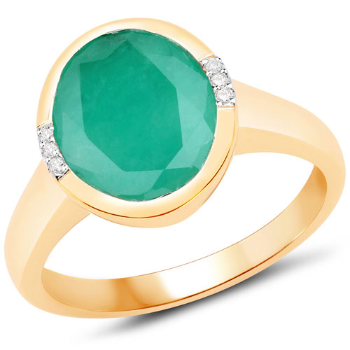 Emerald-3.22 Carat Genuine Emerald and White Diamond 14K Yellow Gold Ring