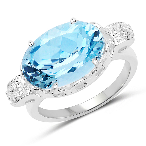 Rings-7.53 Carat Genuine Blue Topaz and White Diamond .925 Sterling Silver Ring
