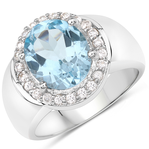 Rings-4.46 Carat Genuine Blue Topaz and White Zircon .925 Sterling Silver Ring