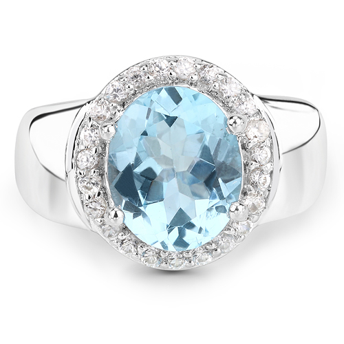 4.46 Carat Genuine Blue Topaz and White Zircon .925 Sterling Silver Ring