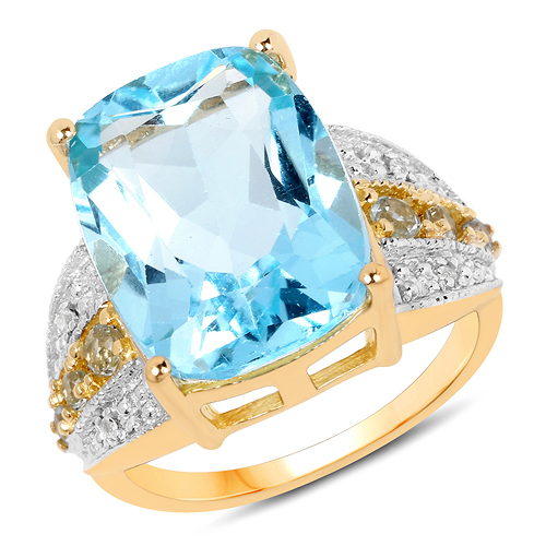 Rings-14K Yellow Gold Plated 12.42 Carat Genuine Blue Topaz and White Topaz .925 Sterling Silver Ring