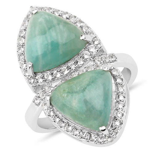 Rings-8.20 Carat Genuine Amazonite and White Topaz .925 Sterling Silver Ring