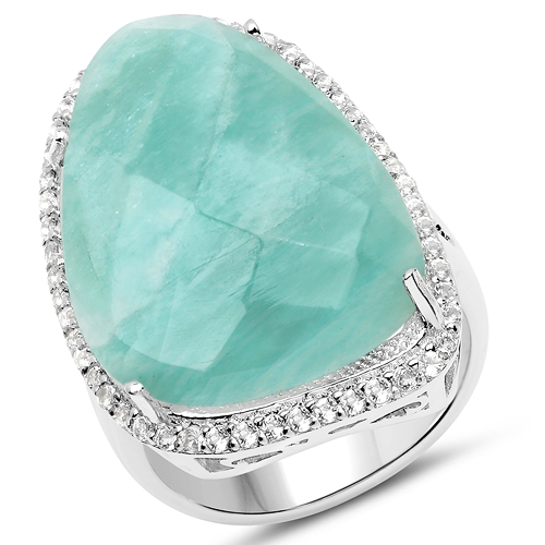 Rings-26.34 Carat Genuine Amazonite and White Topaz .925 Sterling Silver Ring