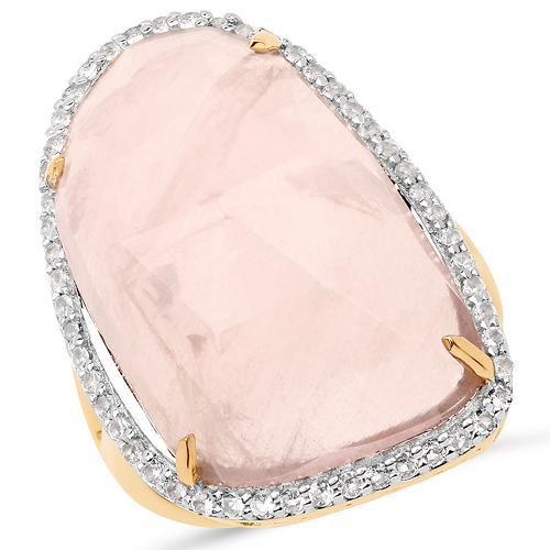 Rings-14K Yellow Gold Plated 19.82 Carat Genuine Rose Quartz and White Topaz .925 Sterling Silver Ring