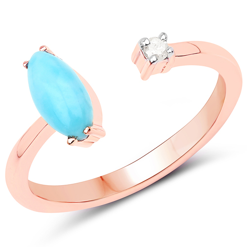 Rings-14K Rose Gold Plated 0.43 Carat Genuine Larimar and White Diamond .925 Sterling Silver Ring