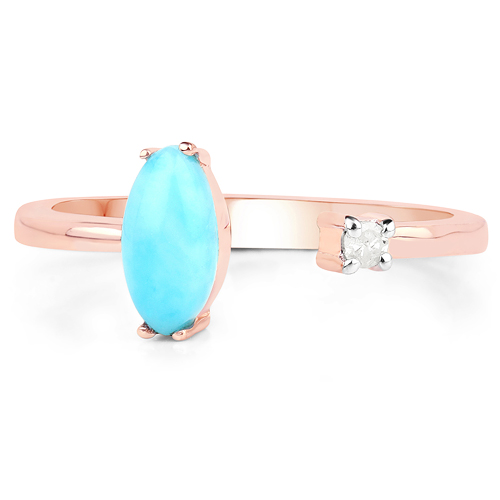 14K Rose Gold Plated 0.43 Carat Genuine Larimar and White Diamond .925 Sterling Silver Ring