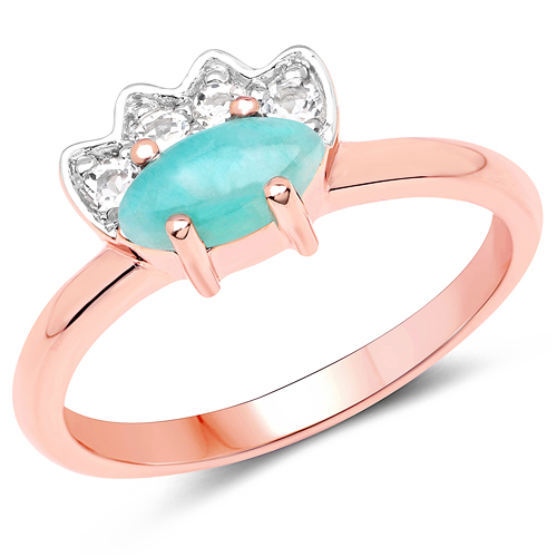 Rings-18K Rose Gold Plated 0.58 Carat Genuine Amazonite and White Topaz .925 Sterling Silver Ring