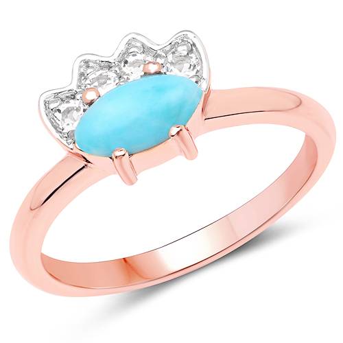 Rings-14K Rose Gold Plated 0.56 Carat Genuine Larimar and White Topaz .925 Sterling Silver Ring
