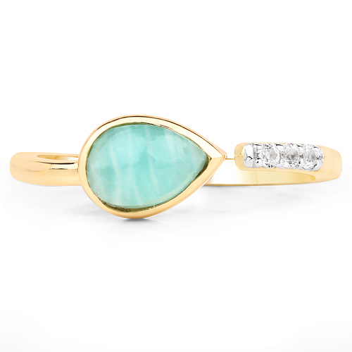 18K Yellow Gold Plated 1.40 Carat Genuine Amazonite and White Topaz .925 Sterling Silver Ring