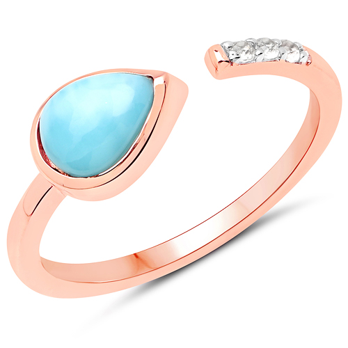 Rings-14K Yellow Gold Plated 1.40 Carat Genuine Larimar and White Topaz .925 Sterling Silver Ring