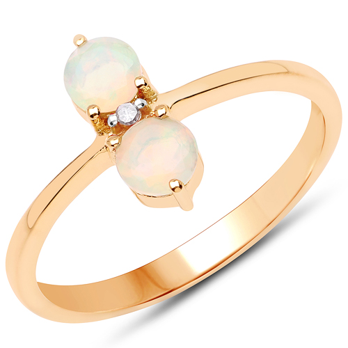 Rings-18K Yellow Gold Plated 0.37 Carat Genuine Ethiopian Opal and White Diamond .925 Sterling Silver Ring