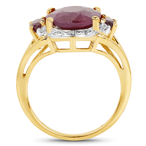 14K Yellow Gold Plated 7.11 Carat Dyed Ruby, Genuine Ruby and White Topaz .925 Sterling Silver Ring