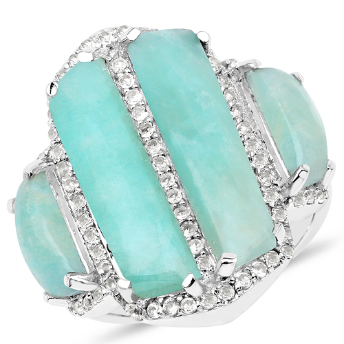 Rings-11.82 Carat Genuine Amazonite and White Topaz .925 Sterling Silver Ring