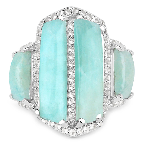 11.82 Carat Genuine Amazonite and White Topaz .925 Sterling Silver Ring