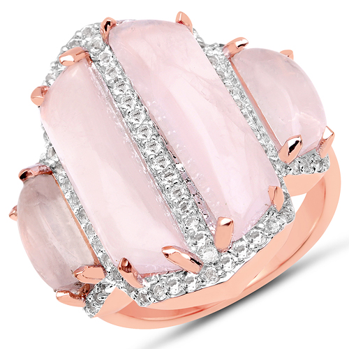 Rings-18K Rose Gold Plated 12.52 Carat Genuine Rose Quartz and White Topaz .925 Sterling Silver Ring