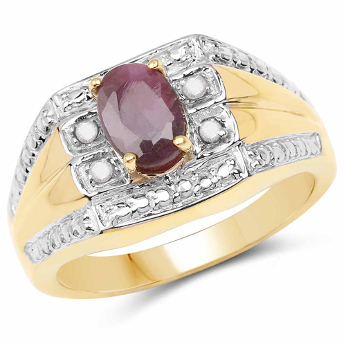 Ruby-14K Yellow Gold Plated 1.03 Carat Genuine Ruby and White Diamond .925 Sterling Silver Ring