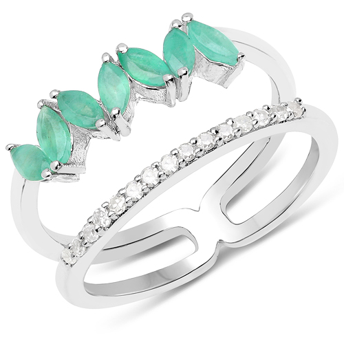 Emerald-0.61 Carat Genuine Emerald and White Diamond .925 Sterling Silver Ring