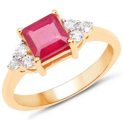 Ruby-18K Yellow Gold Plated 1.99 Carat Glass Filled Ruby and White Topaz .925 Sterling Silver Ring