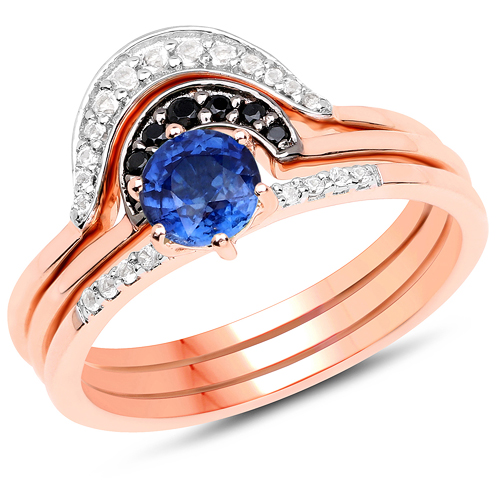 Rings-18K Rose Gold Plated 0.85 Carat Genuine Kyanite, Black Spinel and White Topaz .925 Sterling Silver Ring