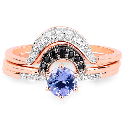 18K Rose Gold Plated 0.67 Carat Genuine Tanzanite, Black Spinel and White Topaz .925 Sterling Silver Ring