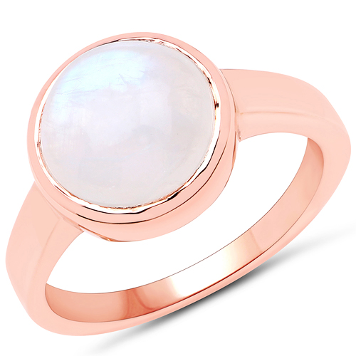 Rings-18K Rose Gold Plated 4.45 Carat Genuine White Rainbow Moonstone .925 Sterling Silver Ring