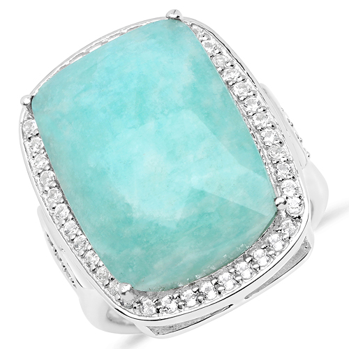 Rings-14.27 Carat Genuine Amazonite and White Topaz .925 Sterling Silver Ring