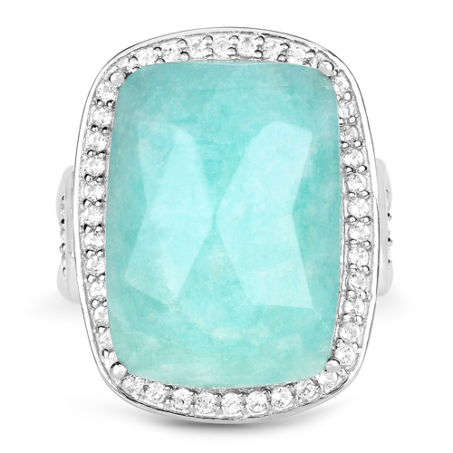14.27 Carat Genuine Amazonite and White Topaz .925 Sterling Silver Ring