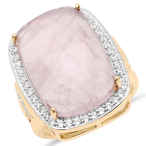 Rings-18K Yellow Gold Plated 13.57 Carat Genuine Rose Quartz and White Topaz .925 Sterling Silver Ring