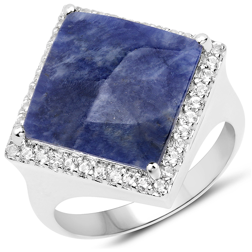 Rings-5.32 Carat Genuine Blue Aventurine and White Topaz .925 Sterling Silver Ring