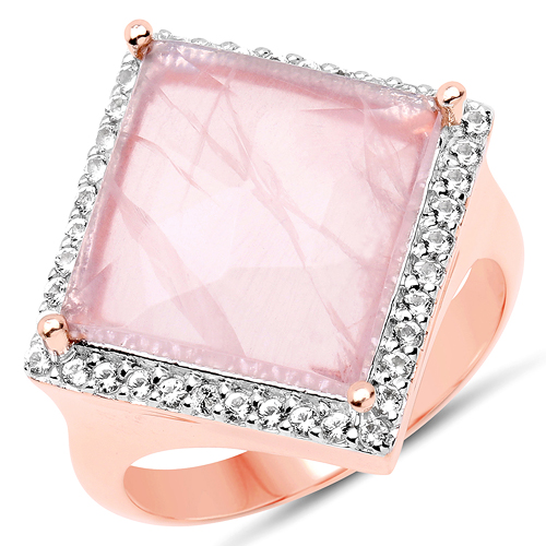 Rings-18K Rose Gold Plated 5.44 Carat Genuine Rose Quartz and White Topaz .925 Sterling Silver Ring