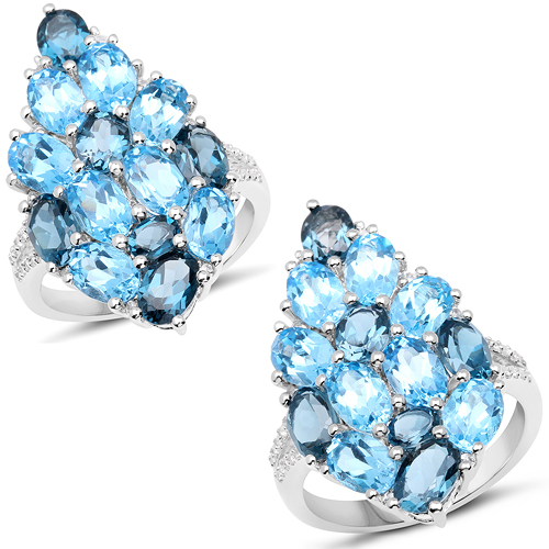 Rings-6.69 Carat Genuine Swiss Blue Topaz, London Blue Topaz and White Zircon .925 Sterling Silver Ring