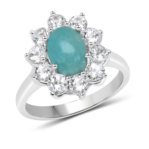 Rings-3.15 Carat Genuine Amazonite and White Topaz .925 Sterling Silver Ring