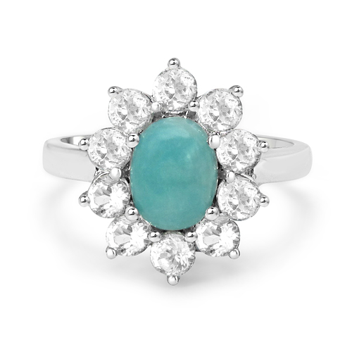 3.15 Carat Genuine Amazonite and White Topaz .925 Sterling Silver Ring
