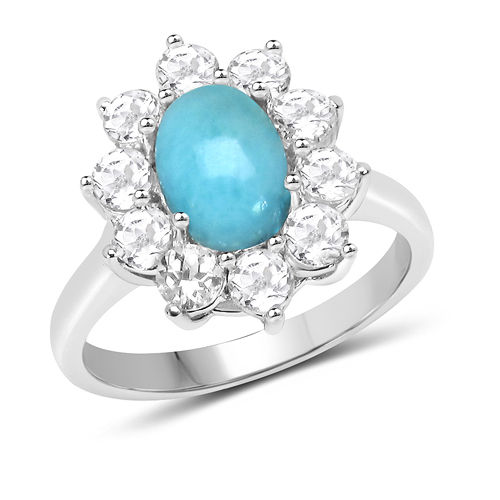 Rings-2.79 Carat Genuine Larimar and White Topaz .925 Sterling Silver Ring