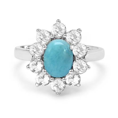 2.79 Carat Genuine Larimar and White Topaz .925 Sterling Silver Ring