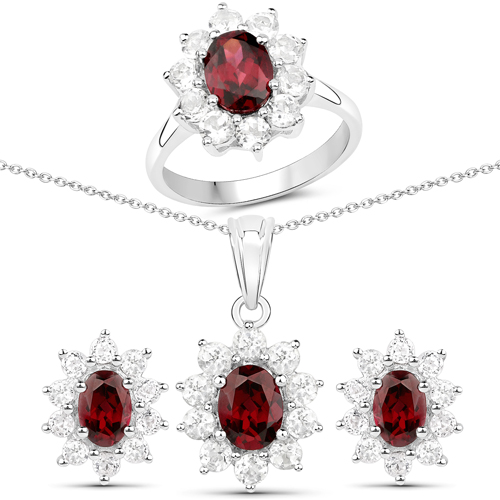 Rhodolite-7.00 Carat Genuine Rhodolite Garnet and White Topaz .925 Sterling Silver 3 Piece Jewelry Set (Ring, Earrings, and Pendant w/ Chain)