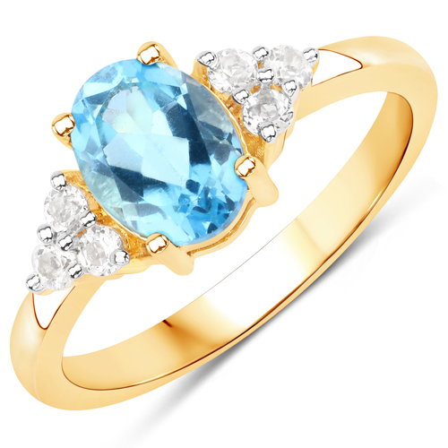 Rings-18K Yellow Gold Plated 1.84 Carat Genuine Swiss Blue Topaz and White Topaz .925 Sterling Silver Ring