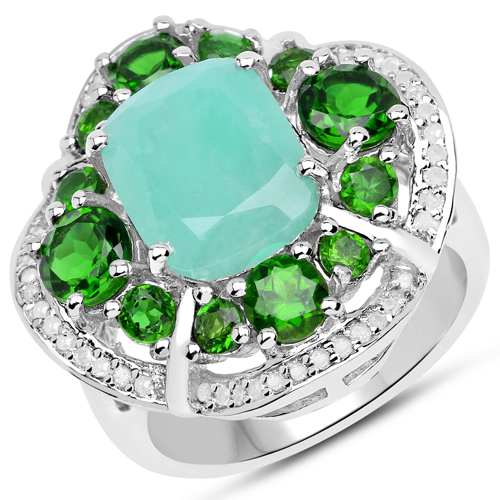 Emerald-5.49 Carat Genuine Emerald, Chrome Diopside and White Diamond .925 Sterling Silver Ring